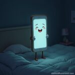 Happy Phone Character Glowing in Dimly Lit Bedroom Scene