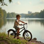 A young boy enjoys a peaceful ride on his bicycle by the lakeside, capturing the innocence and joy of childhood in nature.