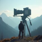 Giant Camera Overlooking Scenic Mountain Landscape with Human Figure