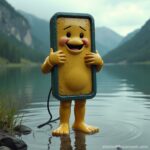 Cheerful Anthropomorphic Phone Figure Standing in Serene Lake