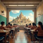 Students in a classroom gaze out at an ancient kingdom set in the desert, merging education and a sense of wonder at the historical landscape.