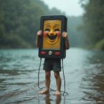 Smiling Phone Character with Human Legs Enjoying Rain by River