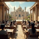 An open-air classroom with students seated in front of a grand palace, combining the beauty of architecture with the pursuit of knowledge.