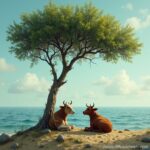 An idyllic coastal scene with two cows resting under a tree, capturing the simplicity and calmness of rural life next to the ocean.