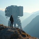 Human Figure Facing Oversized Vintage Camera in Misty Mountain Range