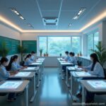 Students in a futuristic classroom with interactive holograms, highlighting the integration of technology and education.