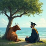 A serene image of a graduate in robes sitting under a tree on the beach, engaged in a quiet conversation with a calm cow, symbolizing harmony with nature."