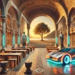 Ancient Library with Futuristic Car - Surreal Scene