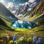 A breathtaking and realistic photograph inspired by Ratti Gali Lake in Pakistan. The scene captures the pristine alpine lake nestled amidst steep