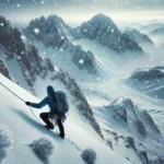 A breathtaking mountain view covered in fresh snow with a gentle snowfall in progress. A climber is visible making their way up the mountain slope