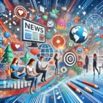 A dynamic image illustrating the theme of staying updated on current events and pop culture. The scene includes elements like news headlines, celebrity