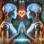 A futuristic, high-tech scene featuring two humanoid robots facing each other and holding hands in a gesture of unity and connection.