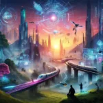 A futuristic scene inspired by a blend of neon-lit virtual reality spaces, floating cities merging with nature, serene landscapes with abstract elements