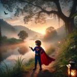 A magical, enchanting scene featuring a young child dressed as a superhero, standing confidently on a path beside a calm river under a misty sky.