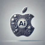 A modern Apple logo inspired by advanced AI technology. The logo combines the iconic Apple shape with futuristic elements, such as circuitry patterns