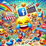 A playful and colorful image representing humor and entertainment on social media. The scene includes funny memes, pop culture references, and people