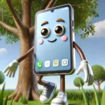 A playful and whimsical character resembling a mobile phone with human-like legs and hands, standing near a tree. The mobile character has expressive