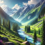 A realistic and breathtaking landscape photograph inspired by Naran Valley in Pakistan. The scene features lush green mountains, a clear blue river