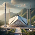 A realistic and majestic photograph of Faisal Mosque in Islamabad, Pakistan. The scene captures the mosque’s unique modern architecture