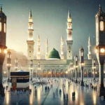 A realistic and serene image capturing the holy city of Madina, focusing on the Masjid al-Nabawi (Prophet’s Mosque) with its beautiful architecture