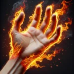 A realistic close-up of a human hand with flames emanating from the palm and fingers. The flames are vivid, dynamic, and intense, with shades