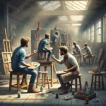 A realistic, detailed image of a scene where a person is painting another person, and within that painting, another person is painting someone else