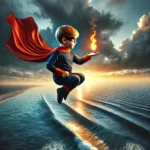 A realistic image of a young child dressed as a superhero, floating mid-air above the middle of the ocean, holding a small, glowing flame