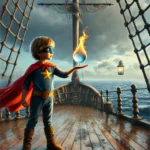 A realistic image of a young child dressed as a superhero, standing on the deck of a ship in the middle of the ocean, holding a small flame on their palm