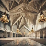 A realistic photograph capturing the grand interior of Faisal Mosque in Islamabad, Pakistan. The scene showcases the spacious prayer hall