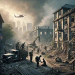 A realistic photograph depicting the impacts of war in the real world. The scene shows a war-torn urban landscape with damaged buildings, rubble