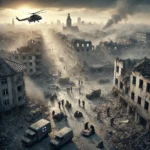 A realistic photograph of a war-affected city with devastated buildings, rubble-strewn streets, and a somber sky filled with smoke. Civilians and sold