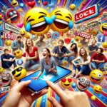 A realistic photograph representing humor and entertainment on social media. The scene includes people laughing and interacting with funny memes