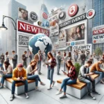 A realistic photograph representing people staying updated on current events and pop culture. People are shown reading news articles, checking