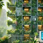 A scene where nature meets urban design_ buildings overgrown with greenery, with vines and plants adorning walls and balconies. Indoor spaces filled