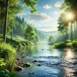 A serene and realistic photograph of a natural landscape. The scene features a peaceful river flowing through a lush, green forest, with sunlight