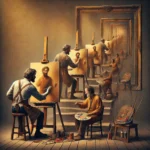 A surreal and realistic scene showing a painter painting another painter, who is also painting another painter, creating a layered recursive effect.