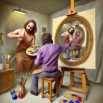 A surreal painting showing an artist painting a canvas where the subject within the painting is also painting the artist.