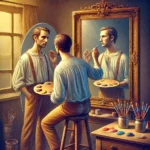 A surreal, realistic scene of a person standing in front of a mirror, where the reflection is painting the person instead of mirroring them.