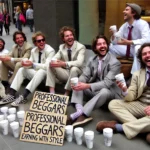 A unique and ironic scene showing a group of professional beggars dressed in clean, stylish clothes, sitting on the sidewalk with neatly