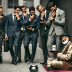 A unique concept showing a group of well-dressed, respectable-looking men with worried expressions, perhaps holding briefcases or paperwork