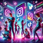 A vibrant image illustrating social media engagement, with people interacting with digital screens that display trending hashtags, popular challenges