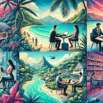 A vibrant scene capturing the essence of remote work and travel_ people working on laptops in various settings, including exotic beaches