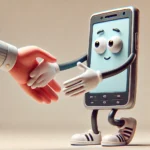 A whimsical cartoon-style character resembling a mobile phone with human-like legs and hands, extending one of its hands to shake hands with another character