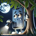 A whimsical cartoon-style character resembling a mobile phone with human-like legs and hands, hiding cautiously behind a tree at night.