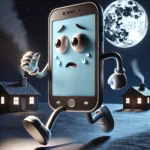 A whimsical cartoon-style character resembling a mobile phone with human-like legs and hands, running away from a small house in the distance at night