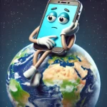 A whimsical cartoon-style character resembling a mobile phone with human-like legs and hands, sitting on top of a small sphere representing the Earth