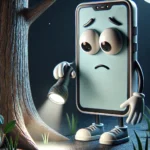 A whimsical character resembling a mobile phone with human-like legs and hands, standing near a tree at night in a sad mood, appearing