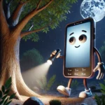 A whimsical character resembling a mobile phone with human-like legs and hands, standing near a tree in a dark night setting.