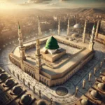 B realistic, majestic aerial view of the holy city of Madina, focusing on the Masjid al-Nabawi (Prophet’s Mosque) with its green dome, minarets