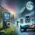 Smiling and Sad Anthropomorphic Phones Observing Human in Surreal Landscape